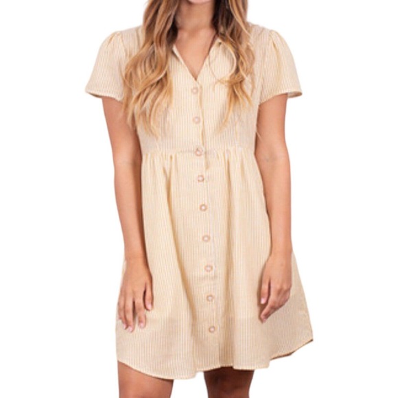 Hem & Thread The Sally Yellow Striped Button Front Cotton Dress Size Medium - Picture 1 of 10